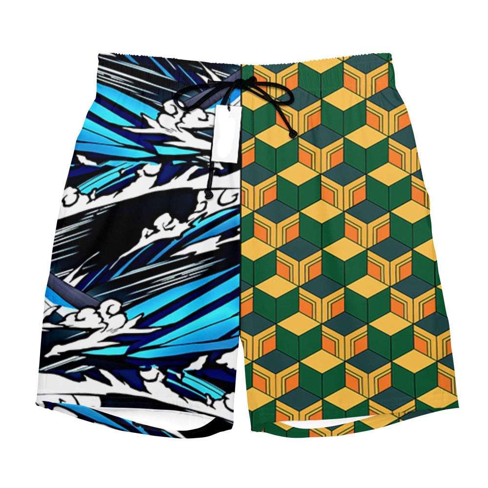 Demon Slayer Shorts Giyu Tomioka Pattern and Water Breathing Beach Shorts Colorful