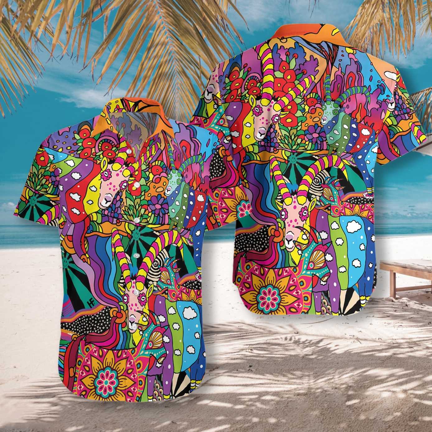  Hippie Shirt Hippie Goat Doodle Pattern Multicolor Hawaiian Aloha Shirt
