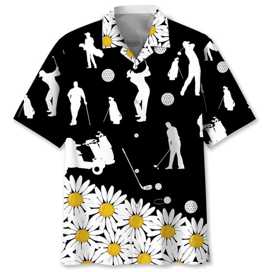 NoClaws Golf Hawaii Shirt Golf Equipments Silhouette Daisy Flower Hawaiian Shirt Black White Unisex
