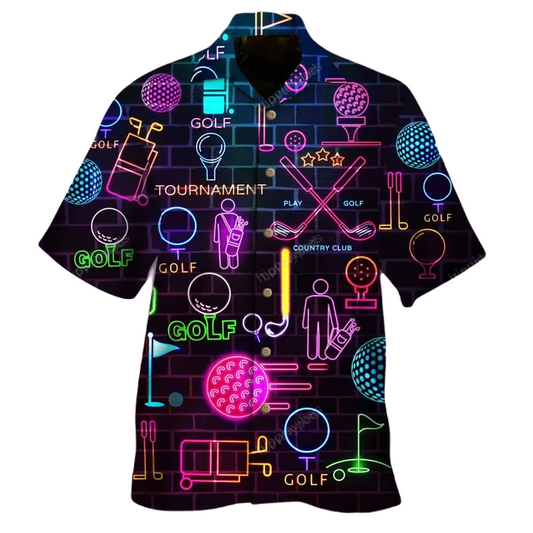 NoClaws Golf Hawaii Shirt Golf Country Club Equipments Neon Pattern Hawaiian Shirt Black Unisex