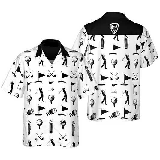NoClaws Golf Hawaii Shirt Golfer Equipments Silhouette Pattern Hawaiian Shirt Black White Unisex