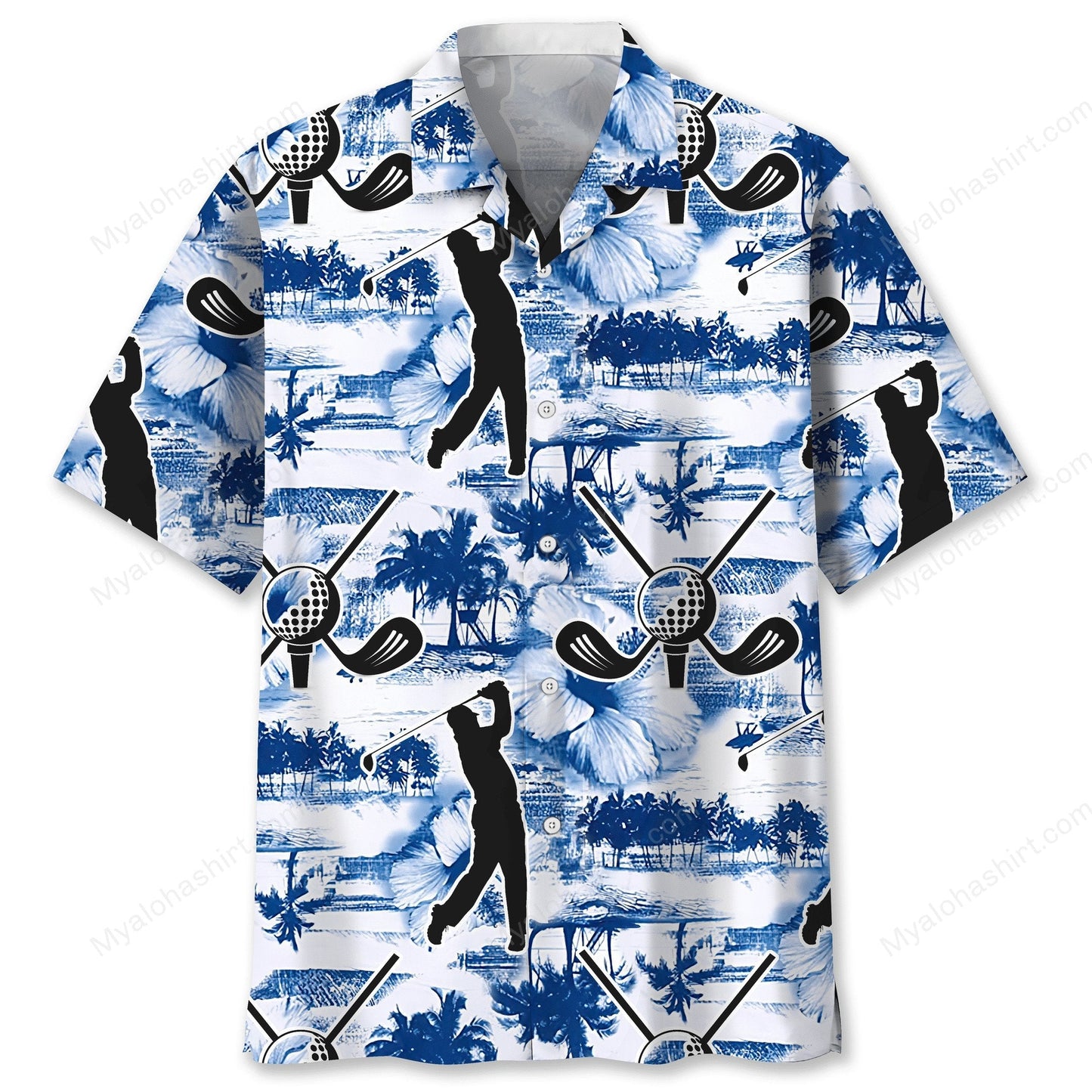 NoClaws Golf Hawaii Shirt Golfer Silhouette Tropical Flower Pattern Hawaiian Shirt White Blue Unisex