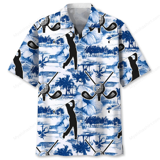 NoClaws Golf Hawaii Shirt Golfer Silhouette Tropical Flower Pattern Hawaiian Shirt White Blue Unisex