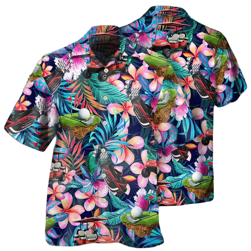 NoClaws Golf Hawaii Shirt Golf Ball Clubs Tropical Flower Pattern Hawaiian Shirt Colorful Unisex