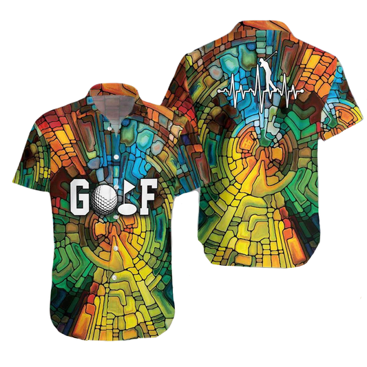 NoClaws Golf Hawaii Shirt Golf Stained Glass Heart Beat Hawaiian Shirt Colorful Unisex
