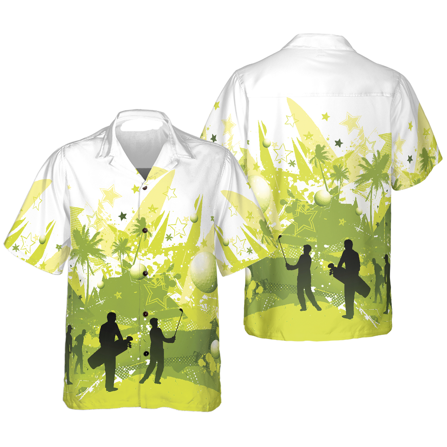 NoClaws Golf Hawaii Shirt Golfer Silhouette Palm Tree Pattern Hawaiian Shirt White Green Unisex