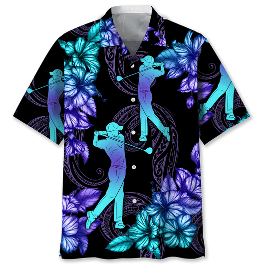NoClaws Golf Hawaii Shirt Golfer Silhouette Polynesian Tribal Pattern Hawaiian Shirt Black Blue Unisex