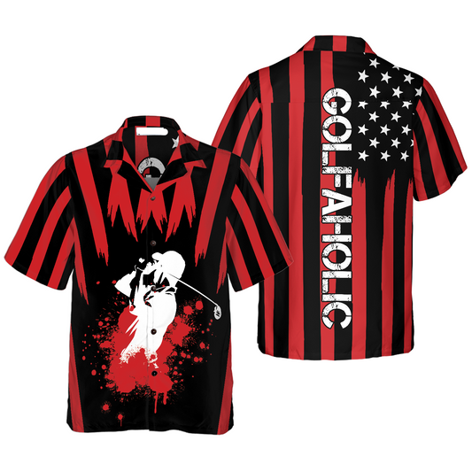 NoClaws Golf Hawaii Shirt Golfaholic American Flag Player Silhouette Hawaiian Shirt Black Red Unisex
