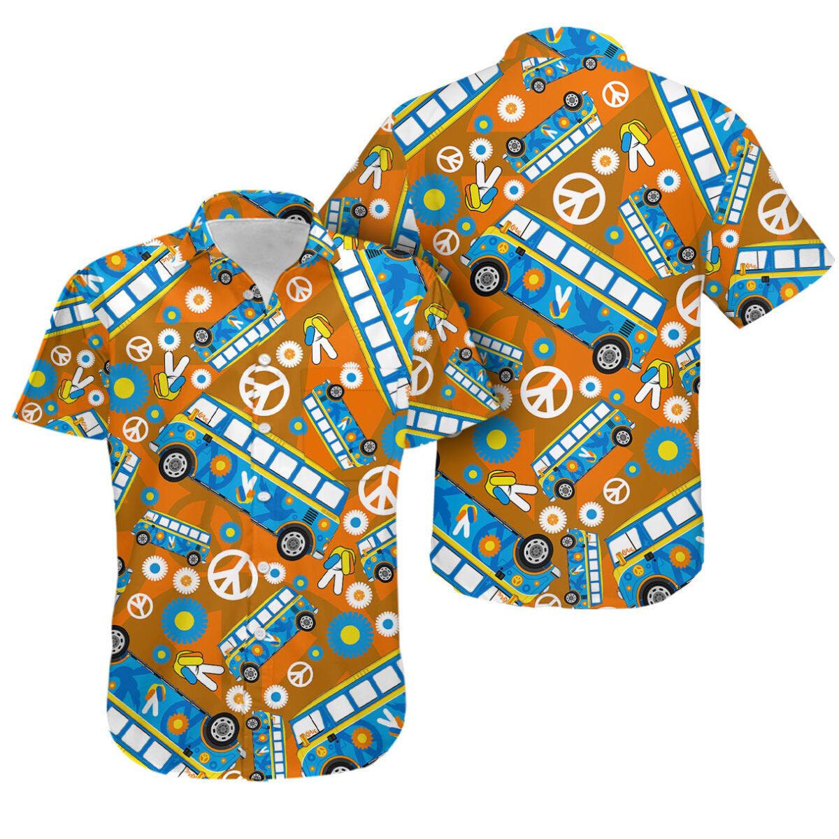  Hippie Hawaiian Shirt Peace Sign Finger Hand Hippie Van Pattern Orange Hawaii Aloha Shirt