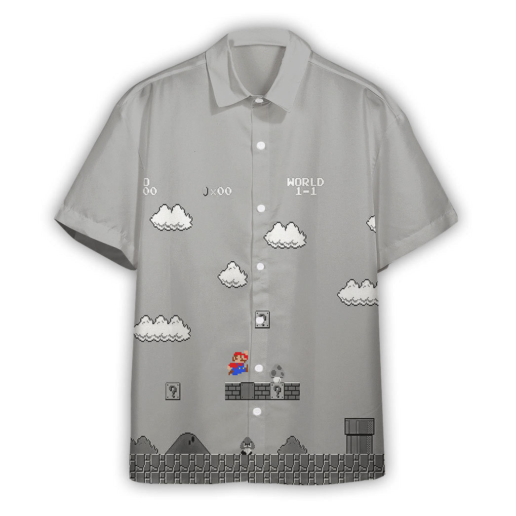 NoClaws Mario Hawaii Shirt 8Bit Mario World 1-1 Aloha Shirt Gray Unisex