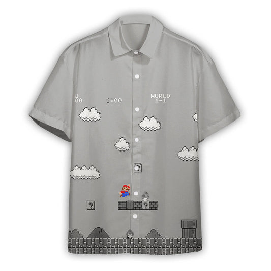 NoClaws Mario Hawaii Shirt 8Bit Mario World 1-1 Aloha Shirt Gray Unisex