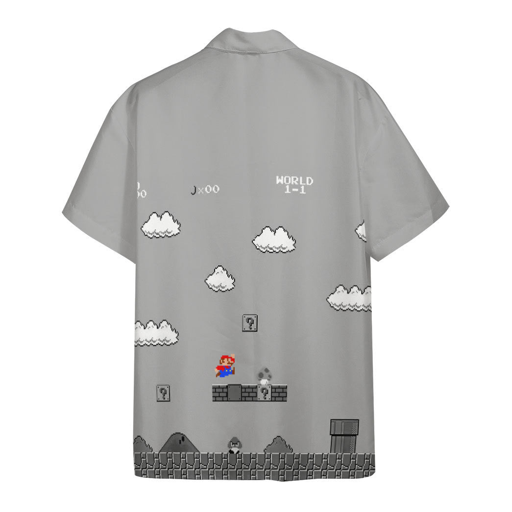 NoClaws Mario Hawaii Shirt 8Bit Mario World 1-1 Aloha Shirt Gray Unisex