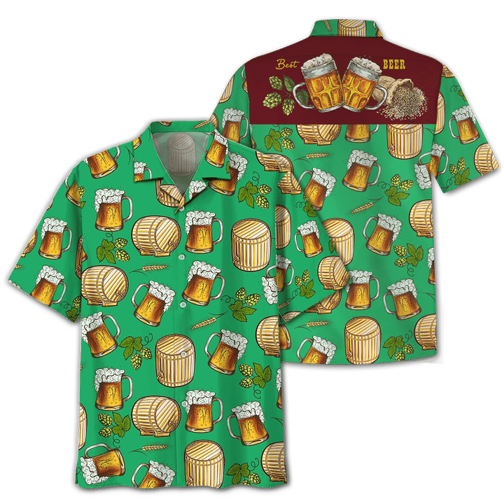NoClaws Beer Hawaii Shirt Beer Wooden Barrel Mug Pattern Hawaiian Shirt Green Unisex
