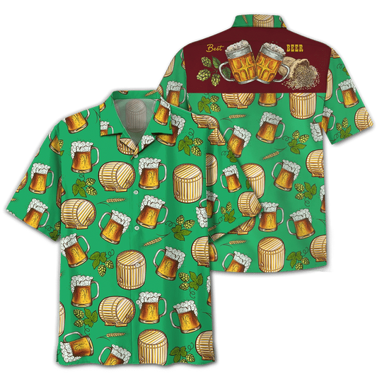 NoClaws Beer Hawaii Shirt Beer Wooden Barrel Mug Pattern Hawaiian Shirt Green Unisex