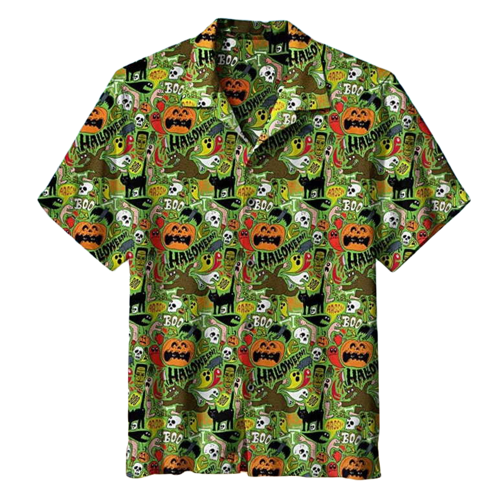 NoClaws Halloween Hawaii Shirt Halloween Werewolf Frankenstein Black Cat Pattern Hawaiian Shirt Green Unisex