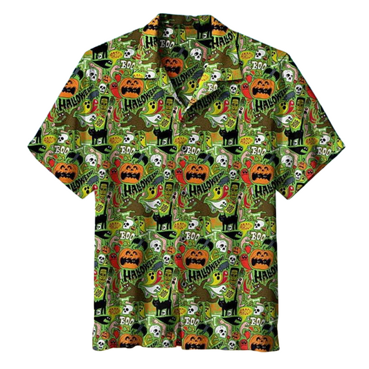 NoClaws Halloween Hawaii Shirt Halloween Werewolf Frankenstein Black Cat Pattern Hawaiian Shirt Green Unisex