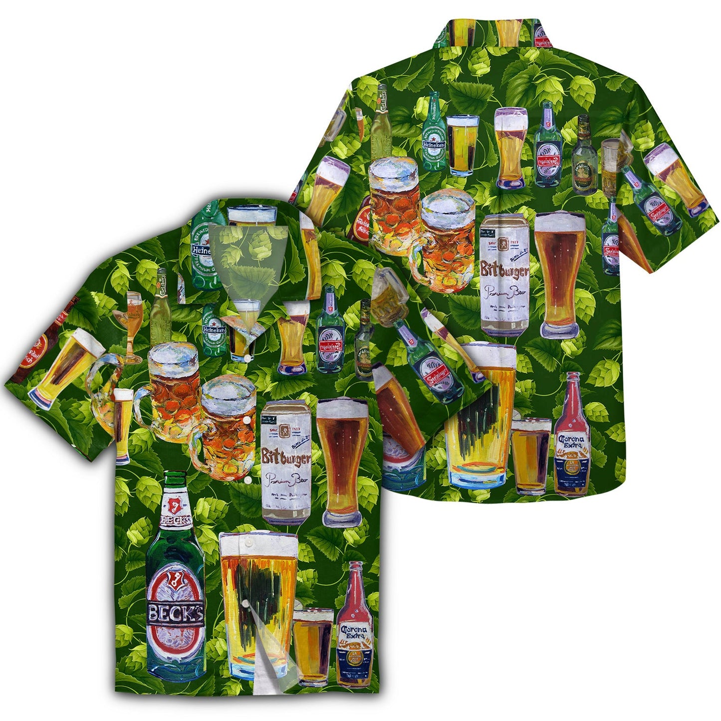 NoClaws Beer Hawaii Shirt Beer Cups And Bottle Pattern Tropical Green Hawaiian Shirt Beer Aloha Shirt