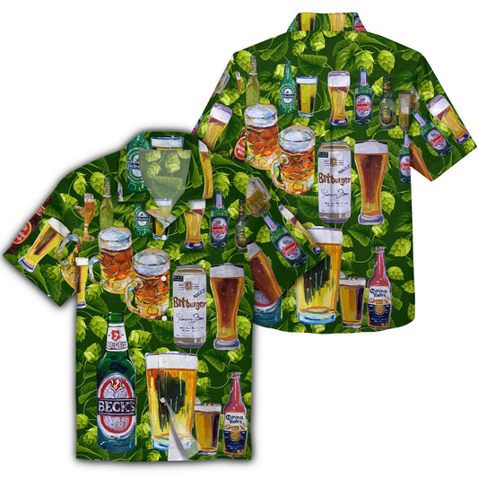 NoClaws Beer Hawaii Shirt Beer Cups And Bottle Pattern Tropical Green Hawaiian Shirt Beer Aloha Shirt