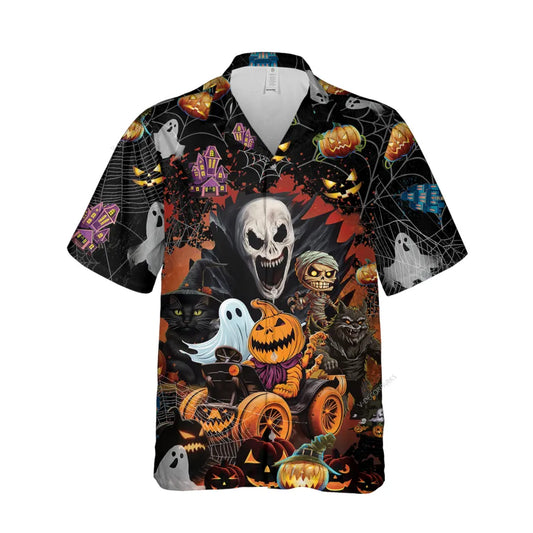 NoClaws Halloween Hawaii Shirt Halloween Monsters Ghosts Pattern Hawaiian Shirt Black Orange Unisex