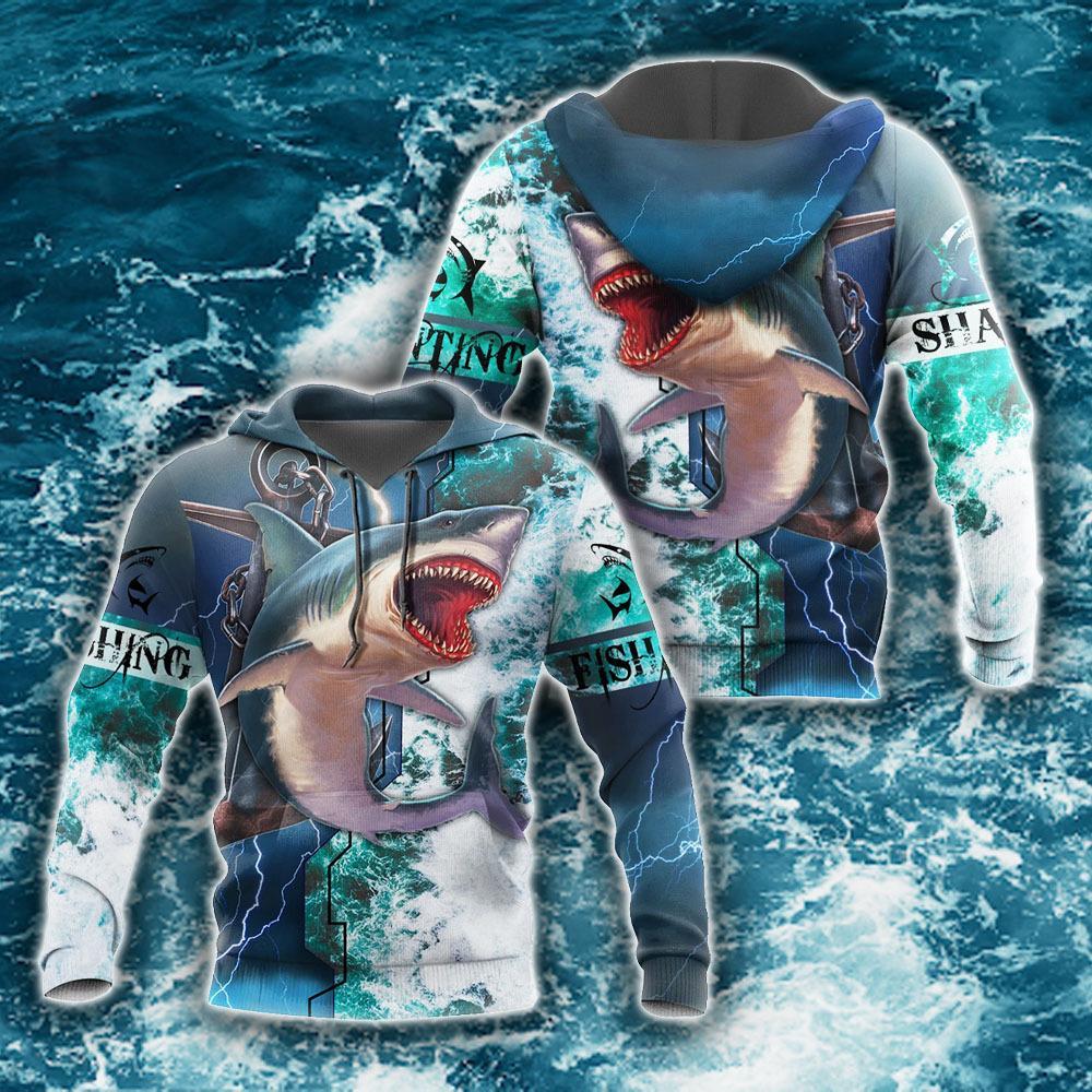 Shark T-shirt Shark Hoodie Shark Fishing Hunting Ocean Blue T-shirt Hoodie Apaprel Adult Unisex Full Size