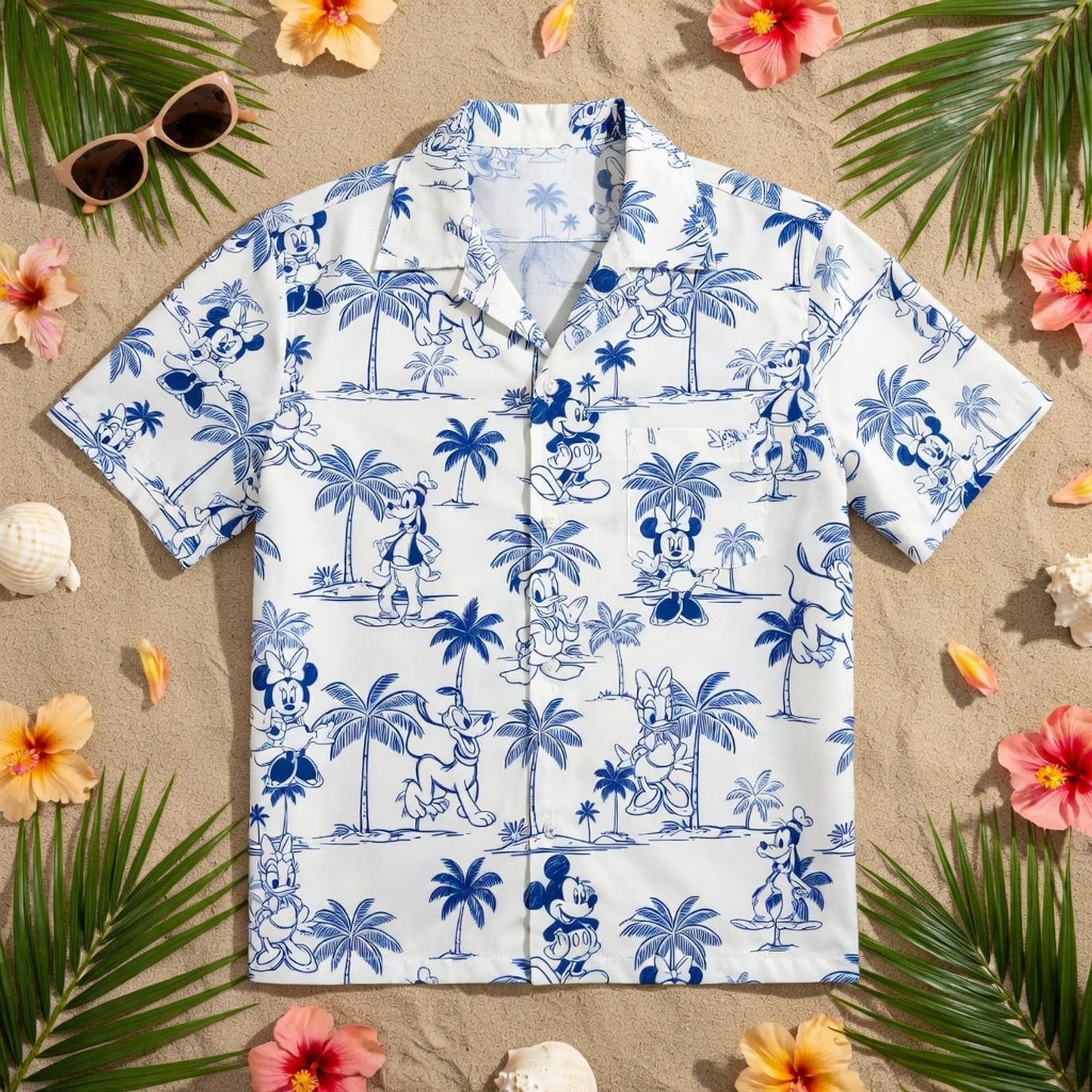 Tropical Toile Hawaiian Shirt - Mouse & Friends Blue Palm Tree - HW3P99XLX