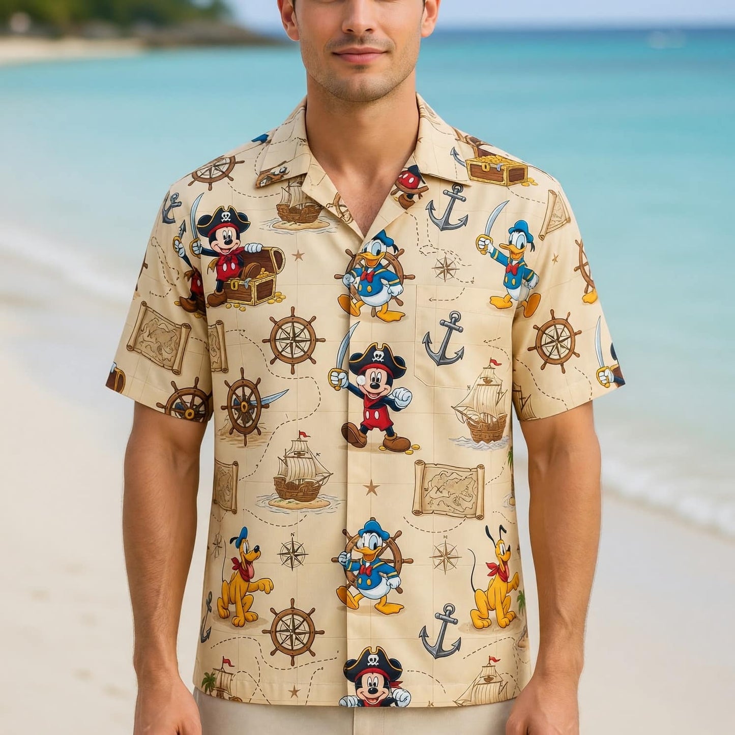 Pirate Mouse Hawaiian Shirt - Cartoon Nautical Map Pattern - HWB47YAPM
