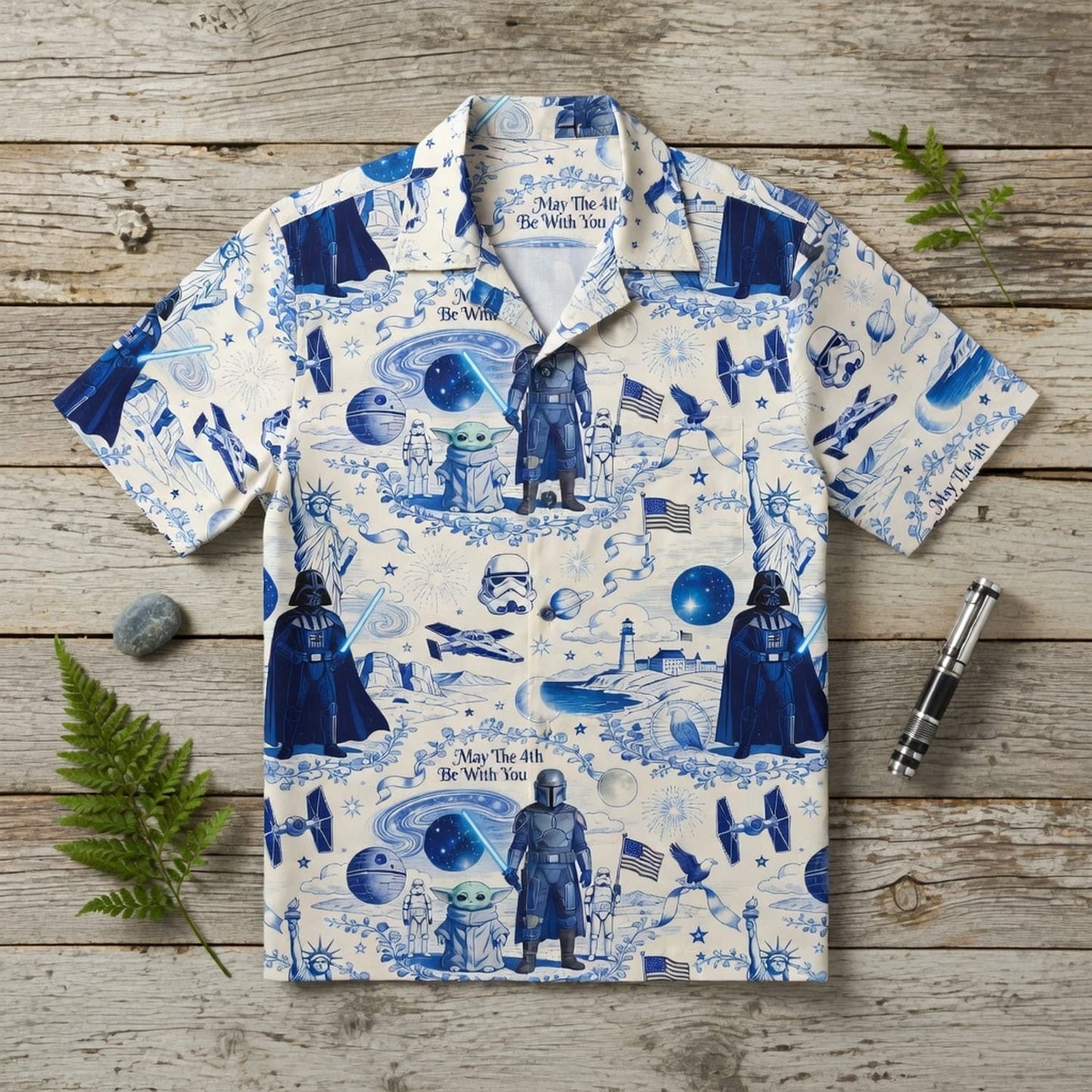 Galactic Americana Toile Premium Hawaiian Shirt - Dark Lord Green Baby Alien Bounty Hunter Patriotic - HWC3PZO001