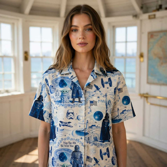 Galactic Americana Toile Premium Hawaiian Shirt - Dark Lord Green Baby Alien Bounty Hunter Patriotic - HWC3PZO001