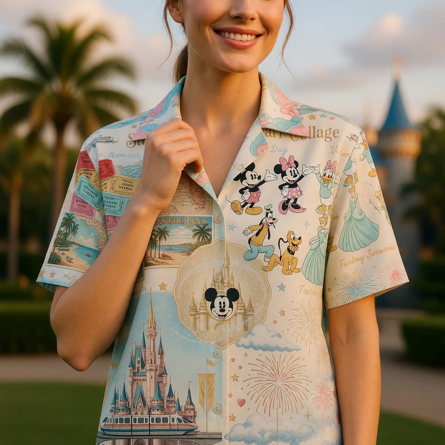 Theme Park Characters Hawaiian Shirt - Storybook Resort Collage - HWHH8KOUF
