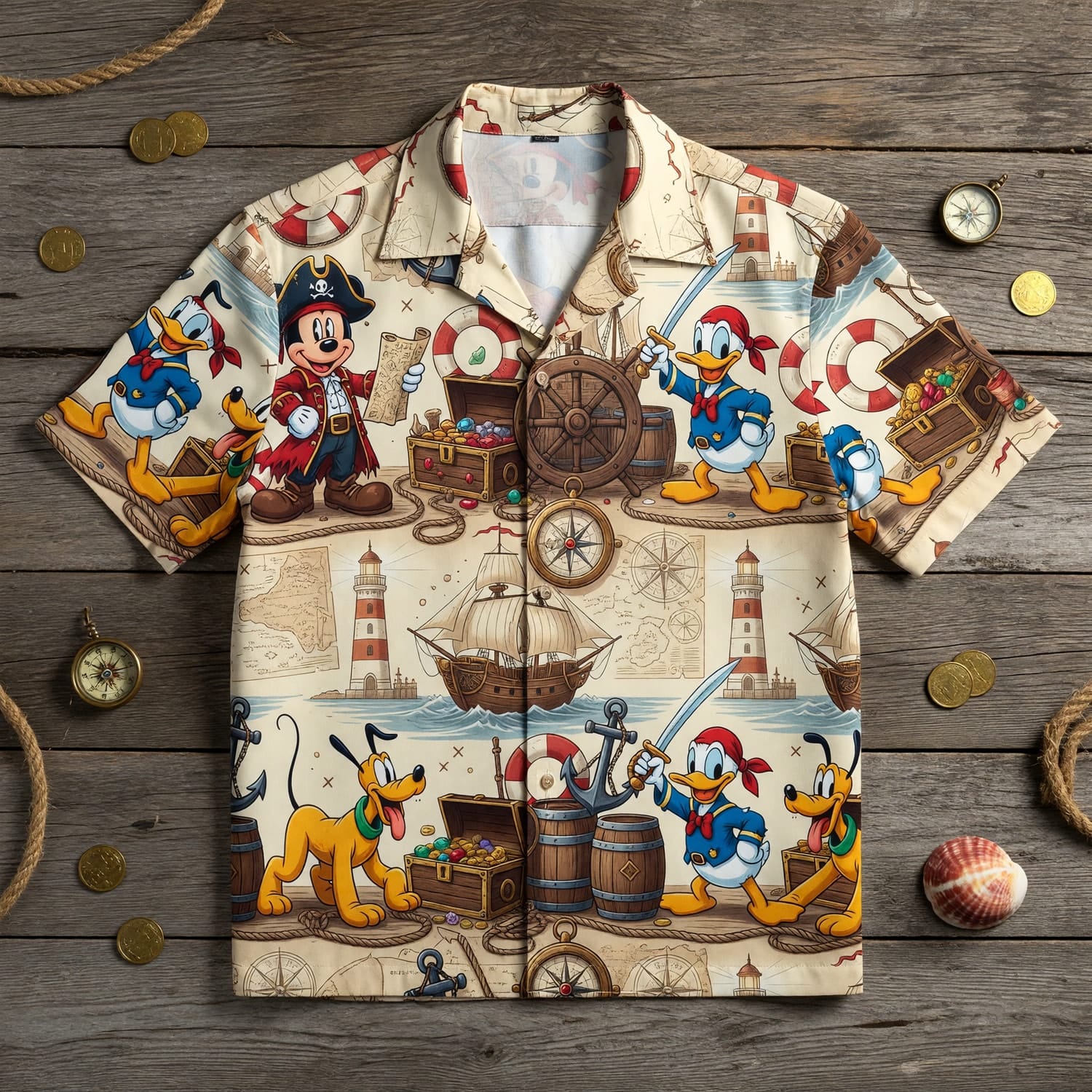 Pirate Hawaiian Shirt - Mouse Duck Pup Adventure - HWJJEWBDC