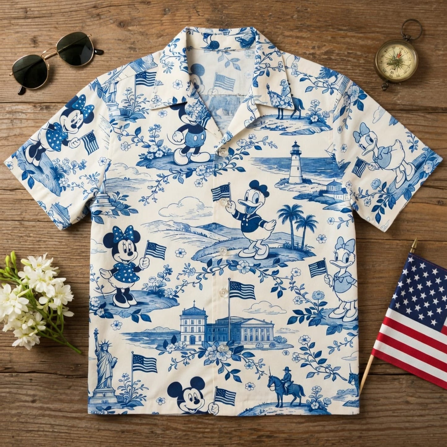 Americana Toile Hawaiian Shirt - Mouse Duck Lady Duck Patriotic Aloha Shirt - HWKDNCP001