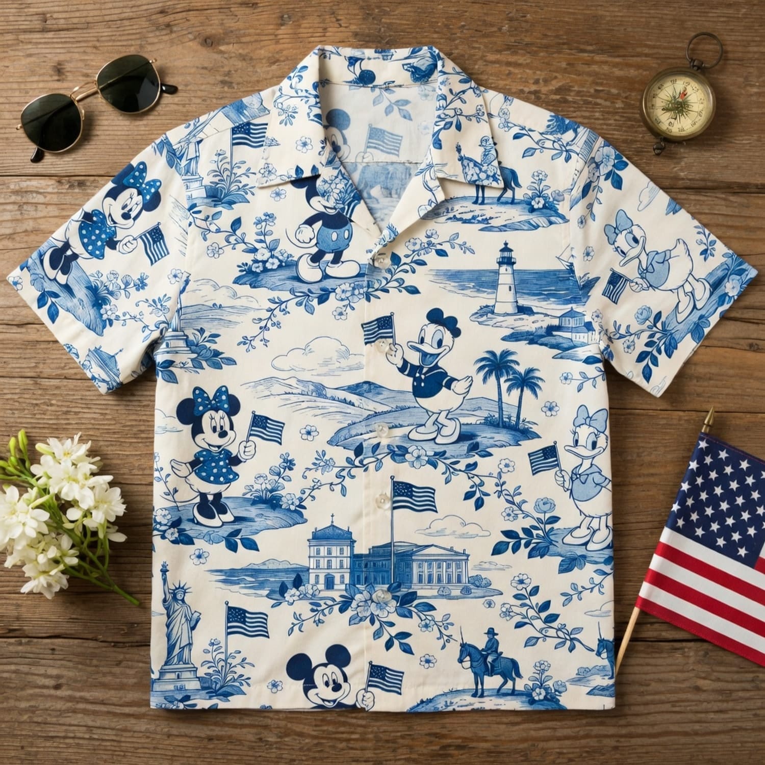 Americana Toile Hawaiian Shirt - Mouse Duck Lady Duck Patriotic Aloha Shirt - HWKDNCP001