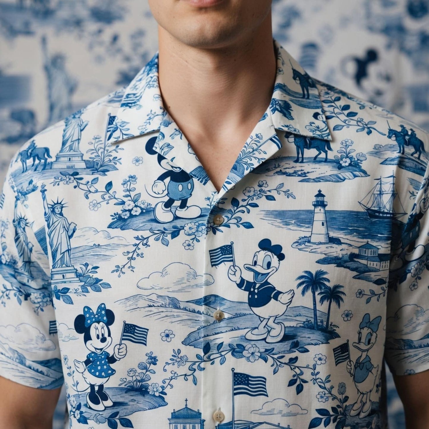 Americana Toile Hawaiian Shirt - Mouse Duck Lady Duck Patriotic Aloha Shirt - HWKDNCP001