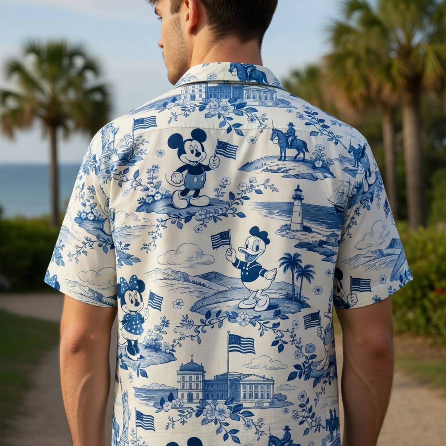 Americana Toile Hawaiian Shirt - Mouse Duck Lady Duck Patriotic Aloha Shirt - HWKDNCP001