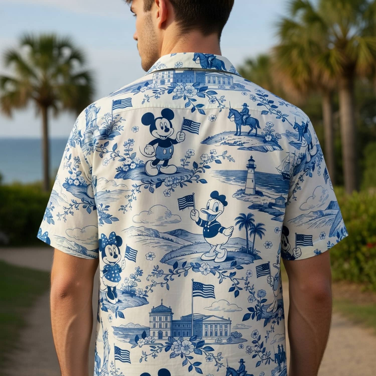 Americana Toile Hawaiian Shirt - Mouse Duck Lady Duck Patriotic Aloha Shirt - HWKDNCP001