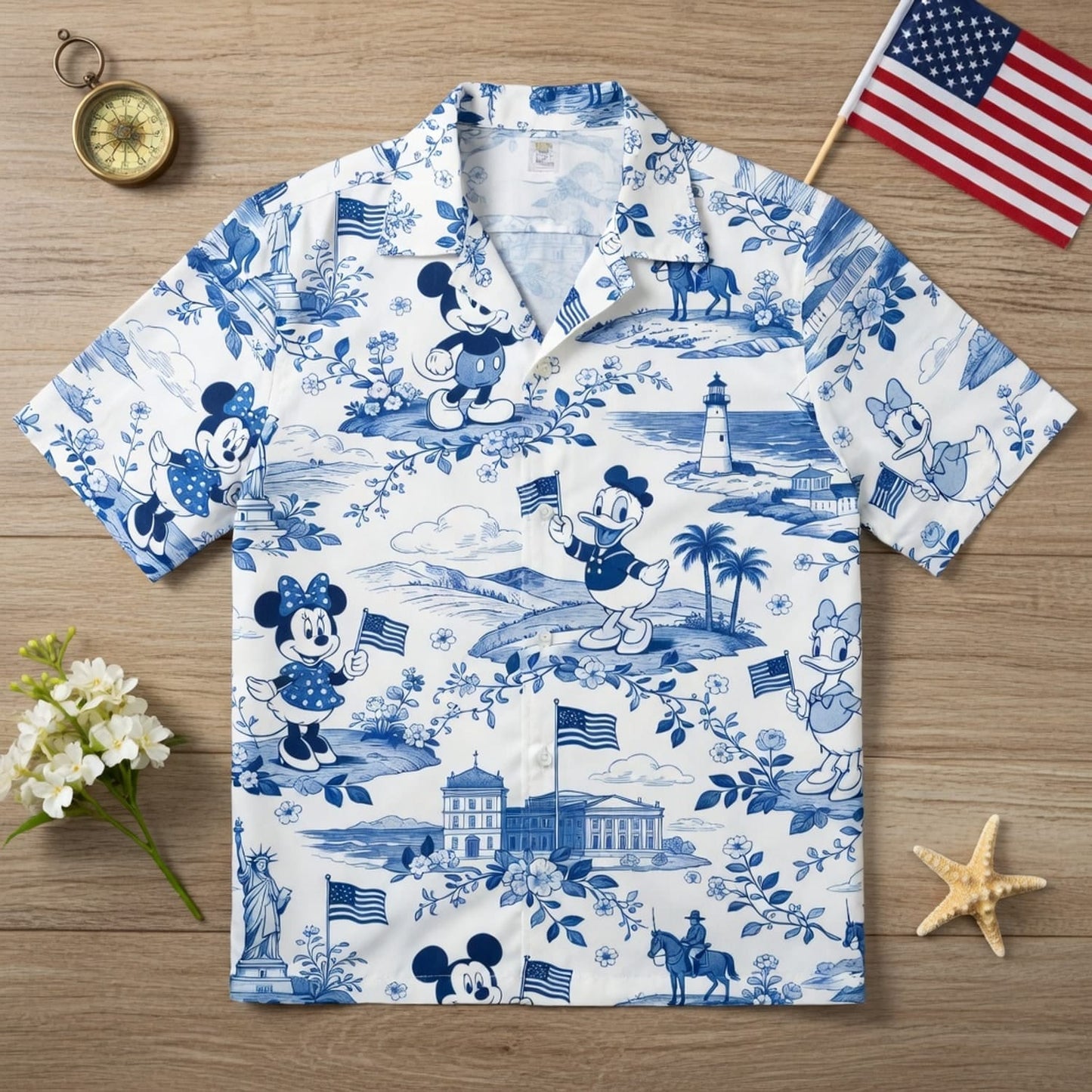 Americana Toile Hawaiian Shirt - Mouse Duck Lady Duck Patriotic Aloha Shirt - HWKDNCP001