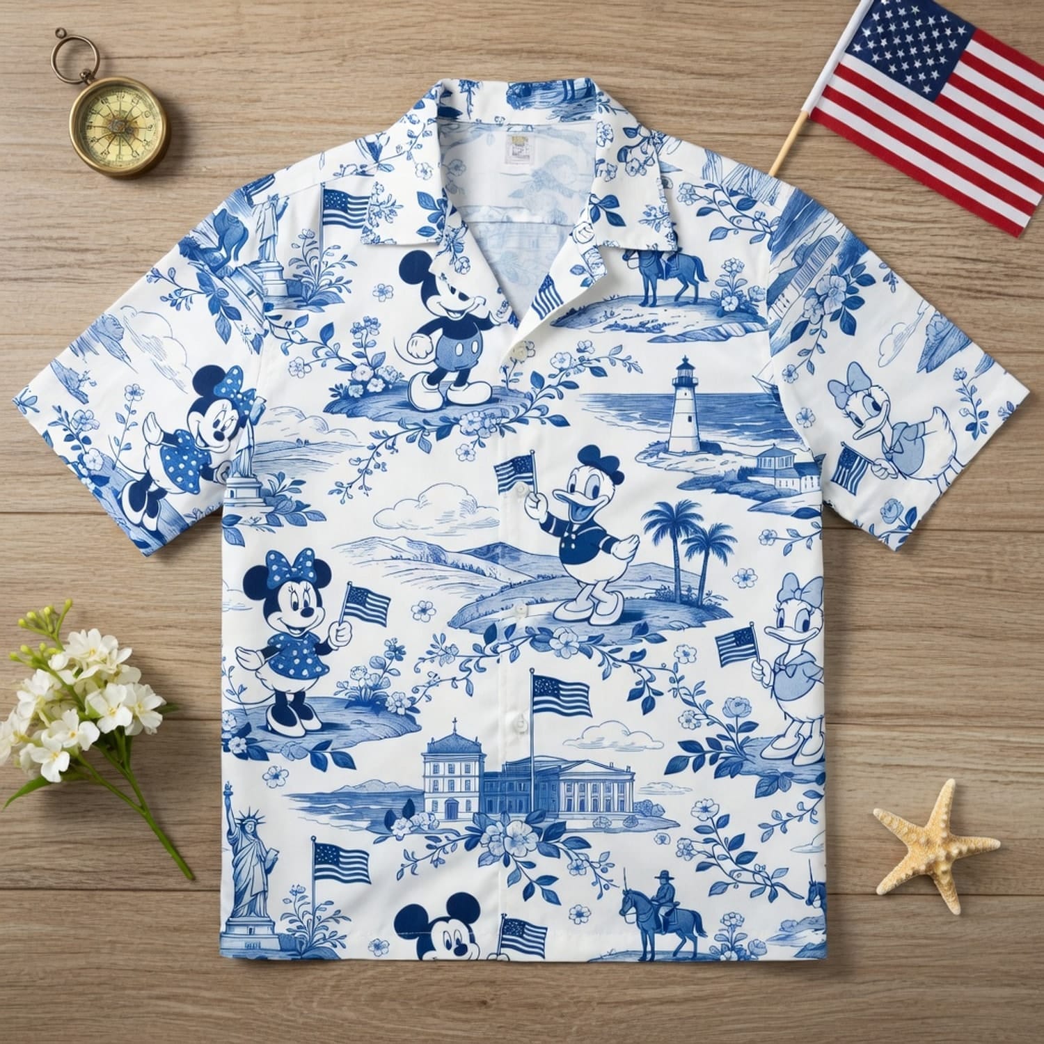Americana Toile Hawaiian Shirt - Mouse Duck Lady Duck Patriotic Aloha Shirt - HWKDNCP001