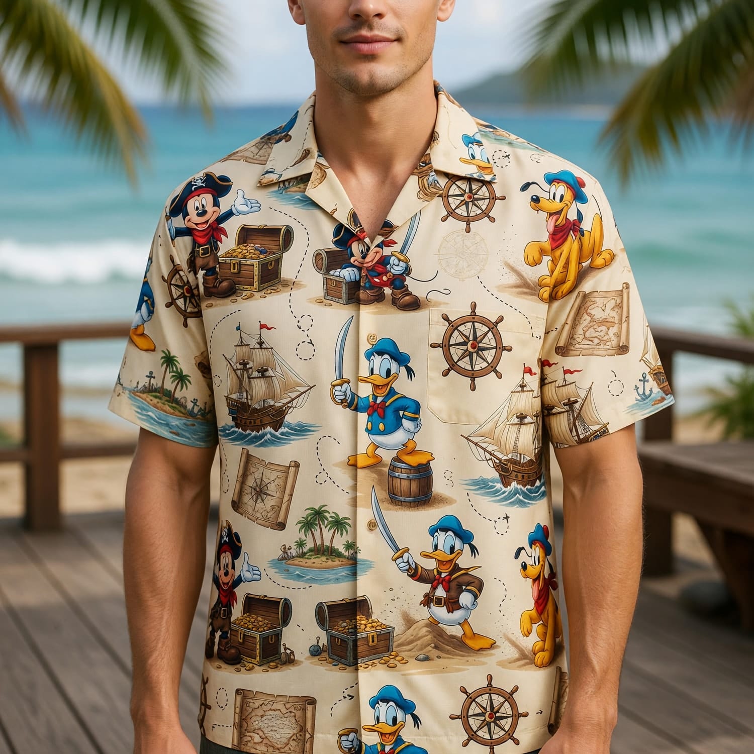 Pirate Hawaiian Shirt - Mouse Duck Treasure Map Pattern - HWMFC82IP