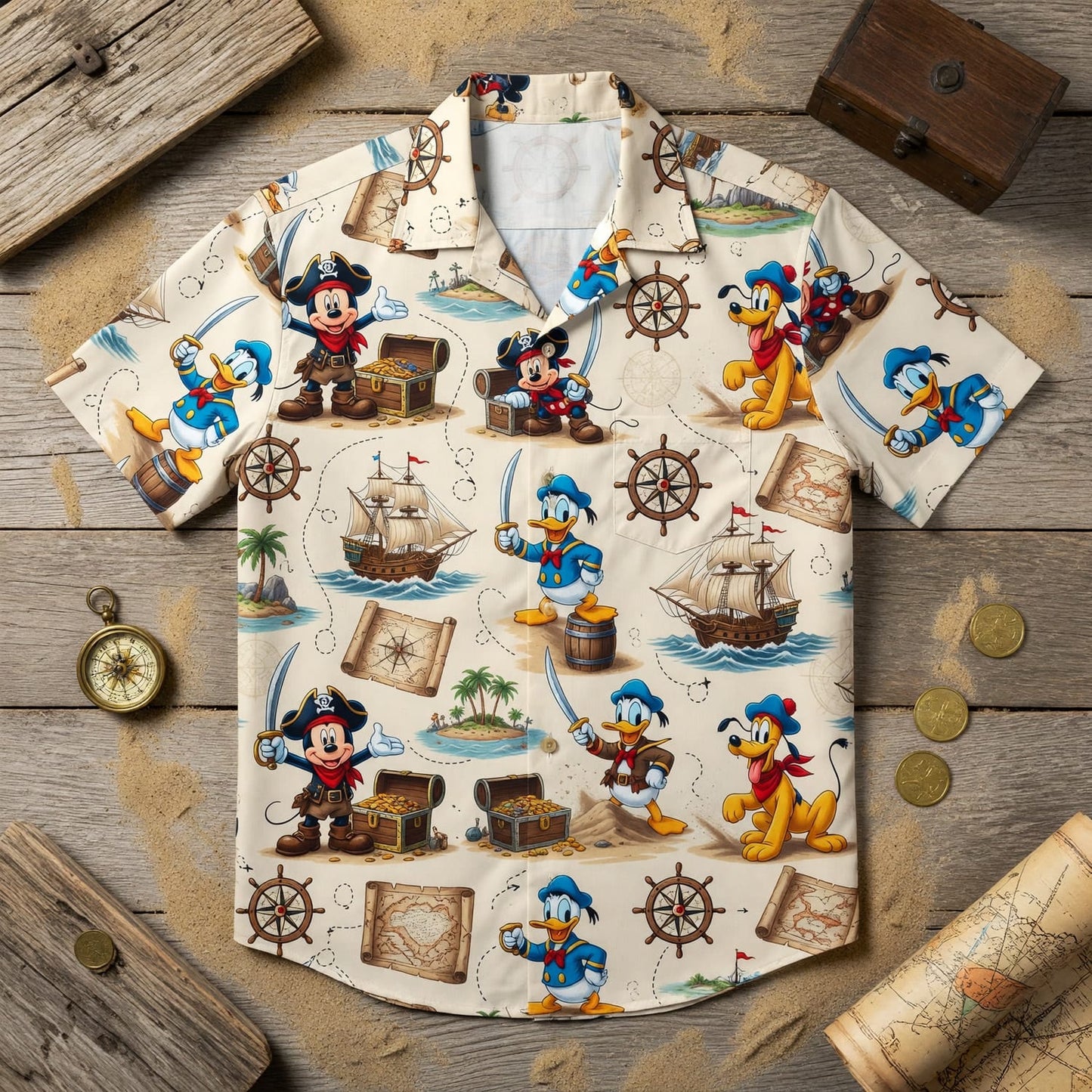 Pirate Hawaiian Shirt - Mouse Duck Treasure Map Pattern - HWMFC82IP