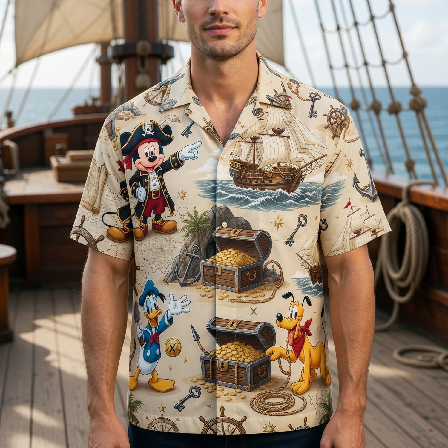 Pirate Hawaiian Shirt - Mouse Duck Pup Treasure Map - HWPOSJSN7