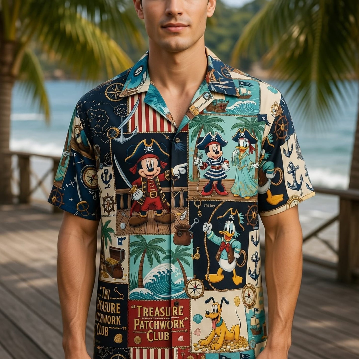 Pirate Mouse Hawaiian Shirt - Tiki Treasure Patchwork - HWSSEHT9X