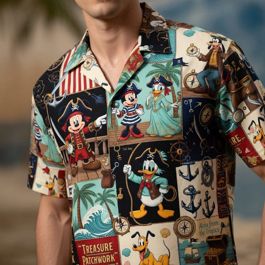 Pirate Mouse Hawaiian Shirt - Tiki Treasure Patchwork - HWSSEHT9X