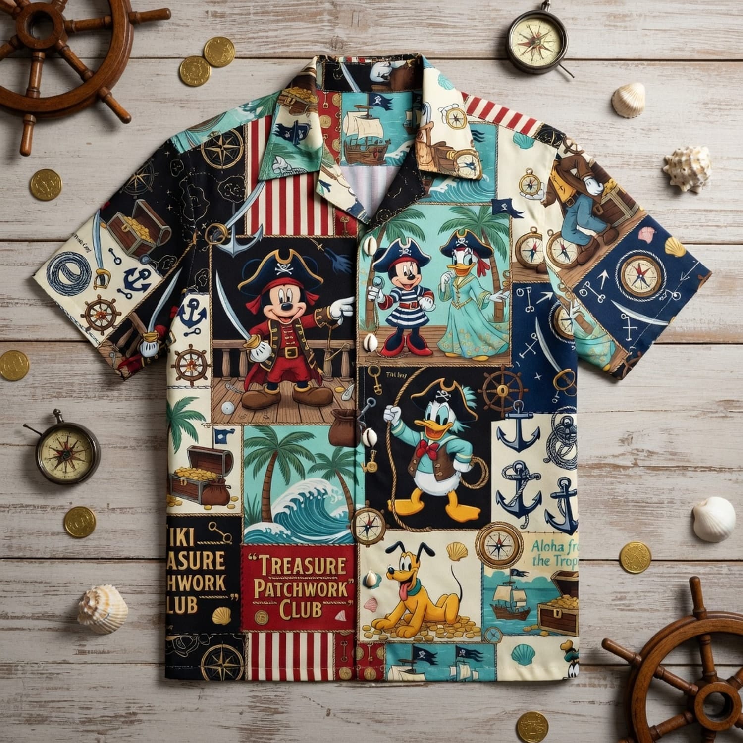 Pirate Mouse Hawaiian Shirt - Tiki Treasure Patchwork - HWSSEHT9X