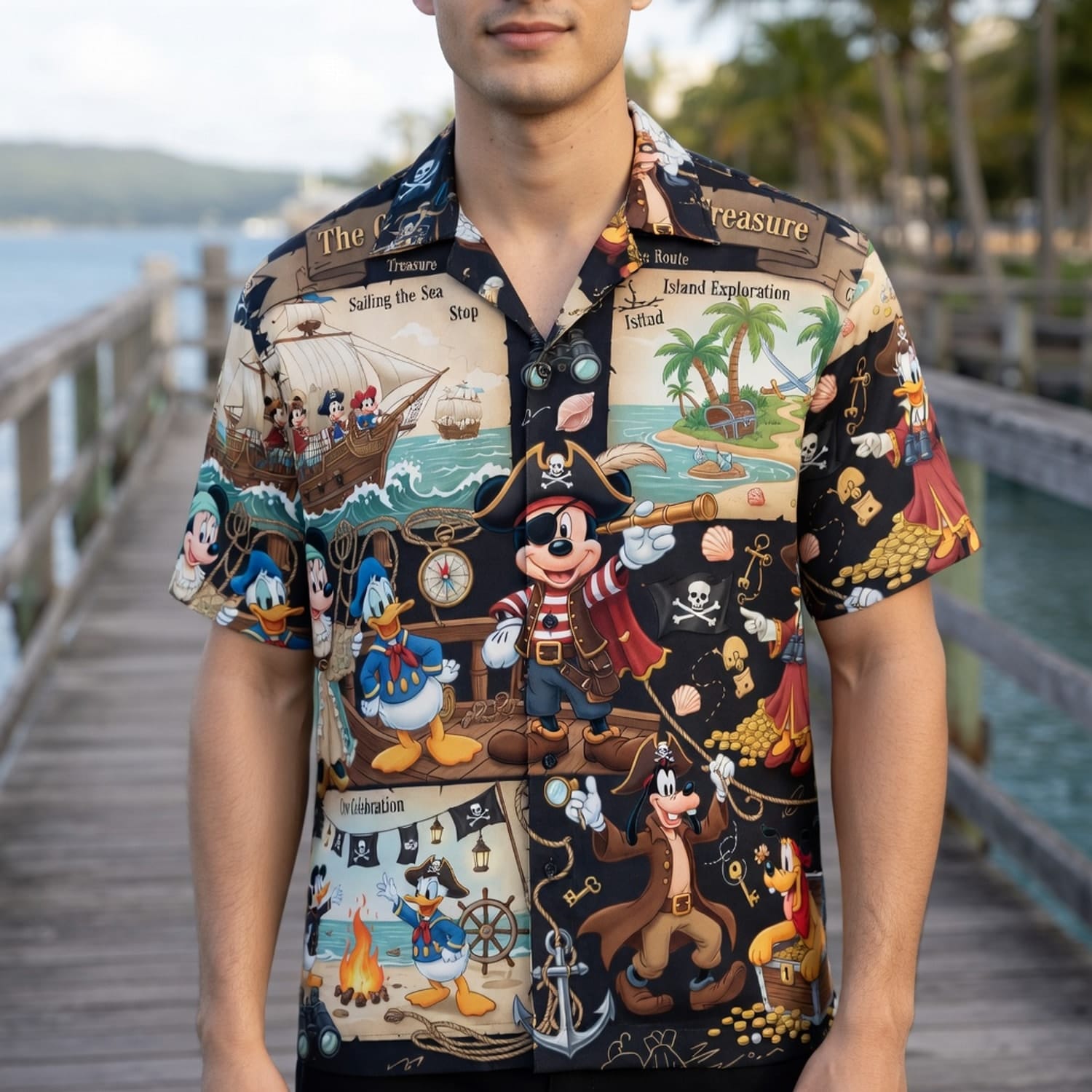 Mouse Pirate Hawaiian Shirt - Treasure Map Cartoon Apparel - HWSZ812C5