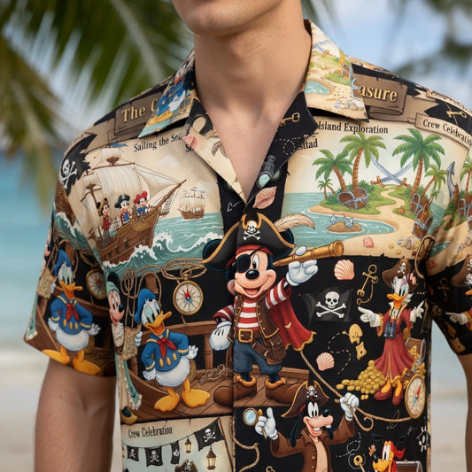 Mouse Pirate Hawaiian Shirt - Treasure Map Cartoon Apparel - HWSZ812C5