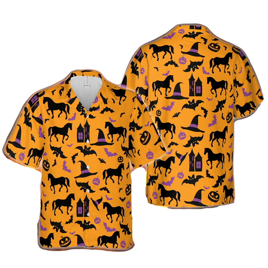 NoClaws Halloween Hawaii Shirt Halloween Horse Witch Hat Bat Pattern Hawaiian Shirt Orange Unisex