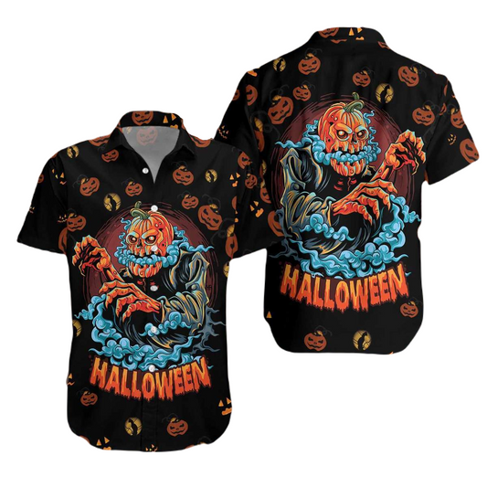 NoClaws Halloween Hawaii Shirt Scary Pumpkin Monster Halloween Hawaiian Shirt Black Orange Unisex