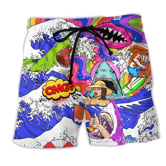 Shark Shorts Hippie Shark and Girl Beach Shorts Colorful