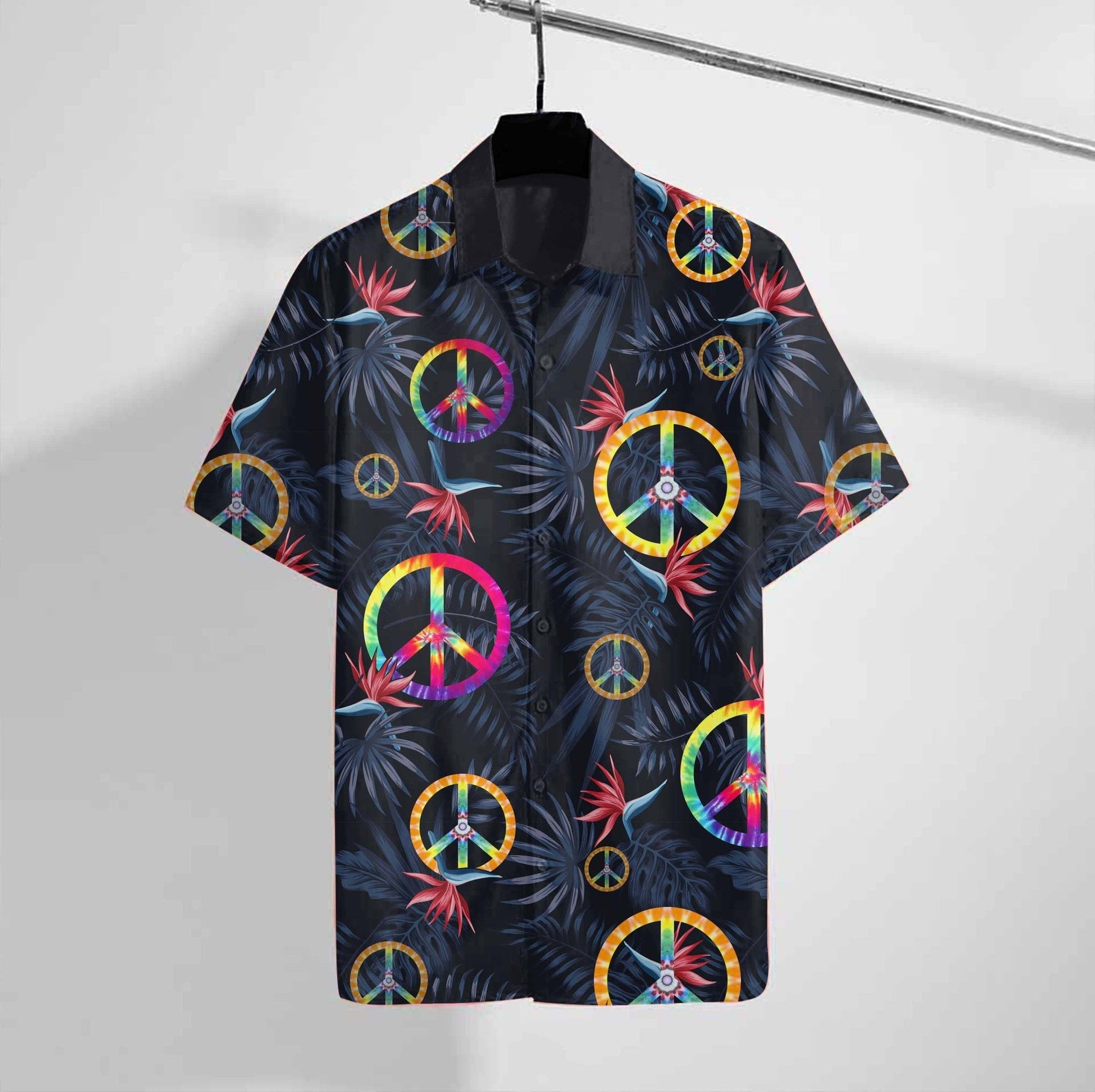  Hippie Shirt Tie Dye Peace Symbol Pattern Tropical Black Hawaii Aloha Shirt