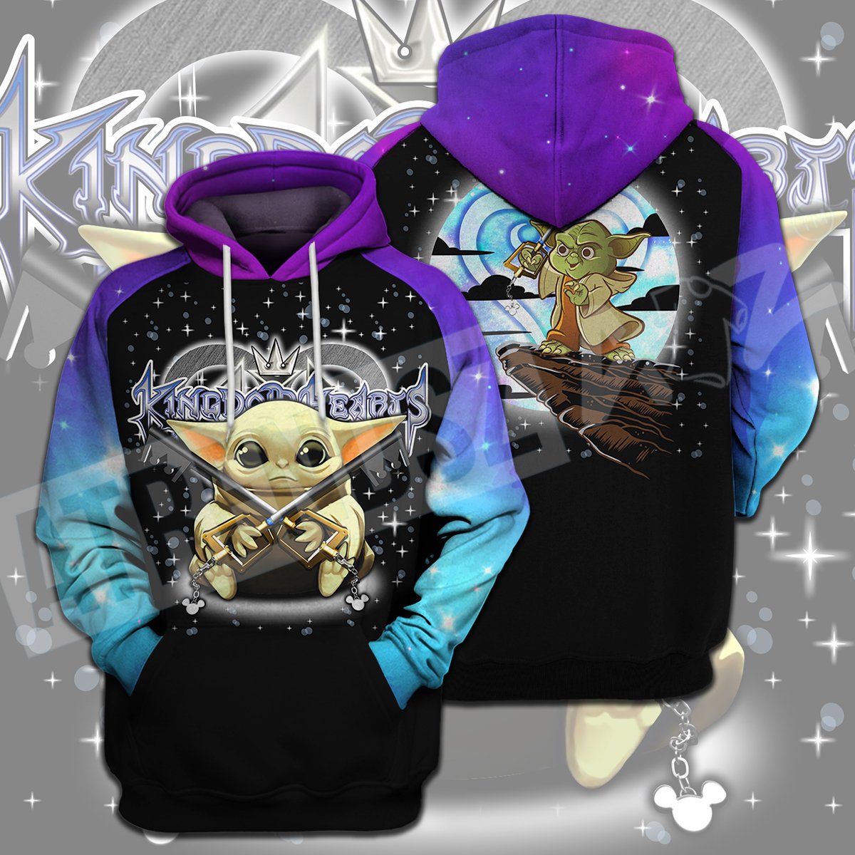 Kingdom Hearts Star Wars T-shirt Grogu Key Sword Cute Chibi Black Blue Purple T-shirt Hoodie